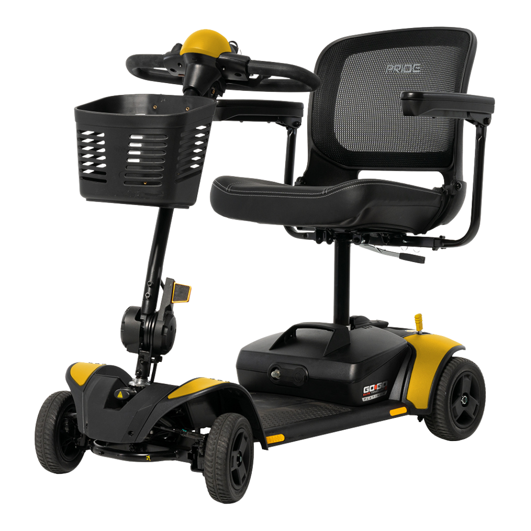The Pride Mobility Go Go Elite Traveller® 2 Platinum Scooter is a black and yellow four-wheel travel scooter with a mesh backrest, armrests, and front basket, designed for personal transportation and accessibility.